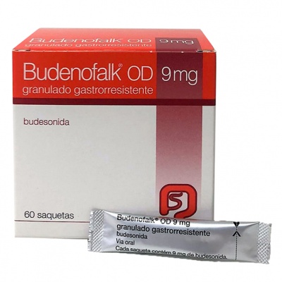 Caixa de medicamento Budenofalk OD 9 mg com saqueta em destaque na frente.