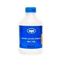 Frasco branco com tampa azul de Etanol Álcool Etílico 96% da marca aga