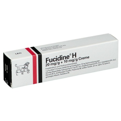 Embalagem de creme Fucidine H com caixa branca e logotipo de leão