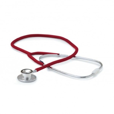 Estetoscópio vermelho com partes metálicas prateadas