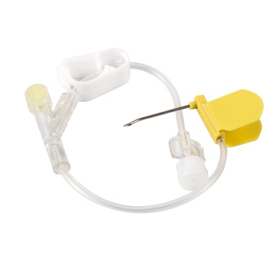 Agulha de flebotomia com protector amarelo e tubo transparente