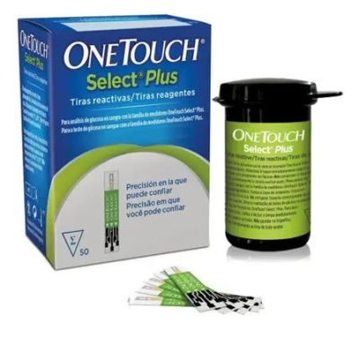 Caixa e frasco de tiras reativas para teste de glicose OneTouch Select Plus com tiras expostas