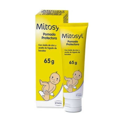 Caixa e tubo amarelo de pomada protetora Mitosyl 65g com ilustração de bebé