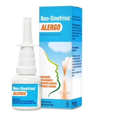 Frasco e embalagem de spray nasal Neo-Sinefrina Alergo com texto e ilustração