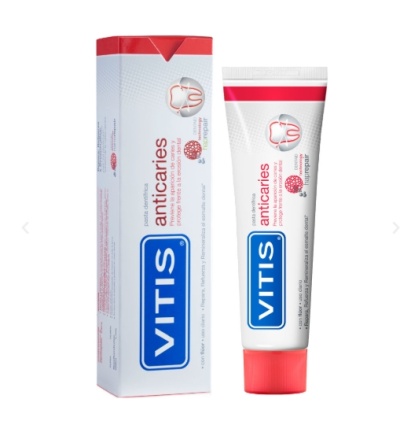 Pasta de dentes anticáries Vitis com embalagem caixa e tubo branco e vermelho