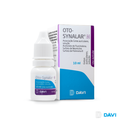 Frasco de gotas auriculares OTO-SYNALAR N com embalagem da marca DÁVI
