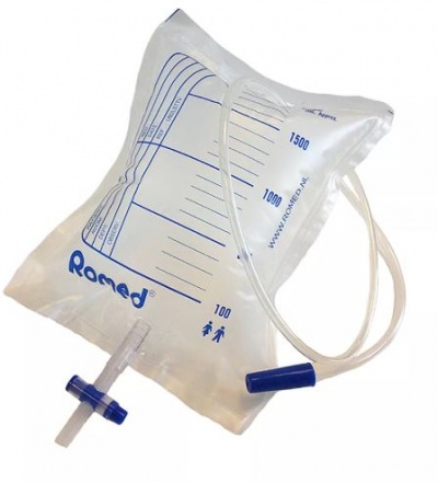 Saco de colecção urinária transparente com marcações em azul