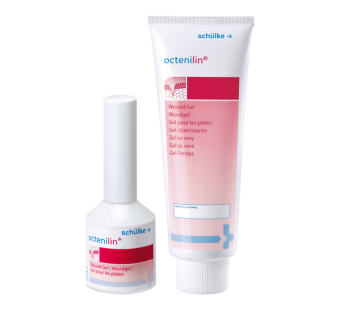 Dois produtos médicos octenilin®, um frasco pequeno e um tubo, ambos com design branco, vermelho e rosa