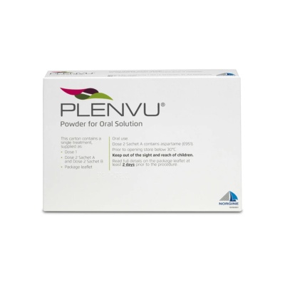 Caixa branca de medicamento PLENVU Powder for Oral Solution com texto e logotipo da Norgine
