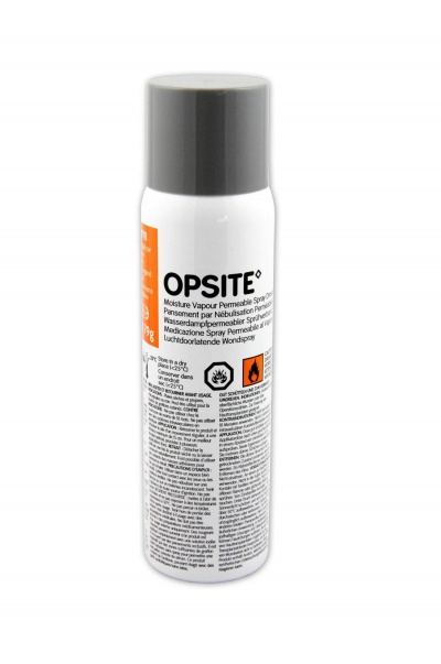 Frasco de spray branco e cinzento com rótulo OPSITE e símbolos de perigo