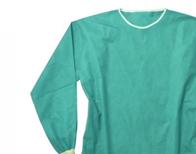 Bata médica verde de mangas compridas com gola e punhos brancos