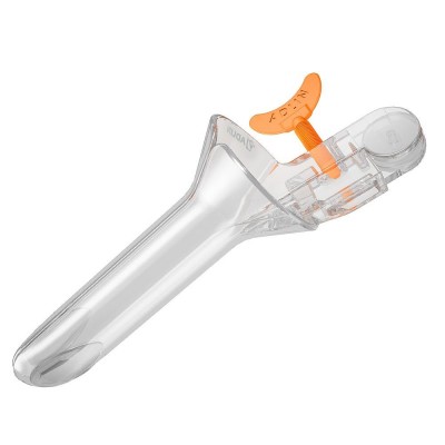 Dispositivo médico plástico transparente com componente laranja