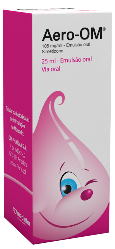 Embalagem rosa e branca do medicamento Aero-OM com imagem de gota sorridente e texto em português