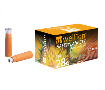 Embalagem Wellion SAFETYLANCETS e dois dispositivos laranja de lancetas.