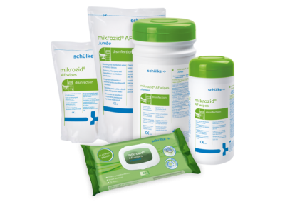 Embalagens diversas de toalhetes desinfetantes Schülke em branco, verde e azul.