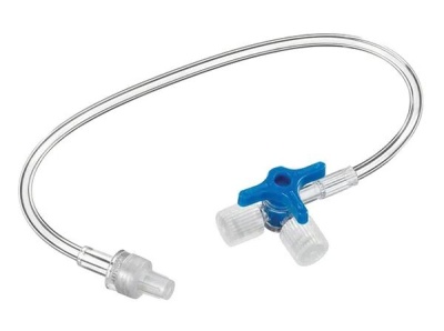 Tubo flexível transparente com conector triplo azul e válvulas de plástico