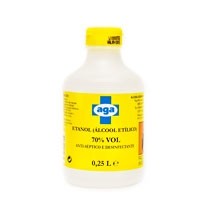 Frasco branco com tampa amarela e rótulo amarelo de etanol álcool etílico