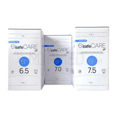 Embalagens brancas de luvas SafeCARE pf em três tamanhos distintas