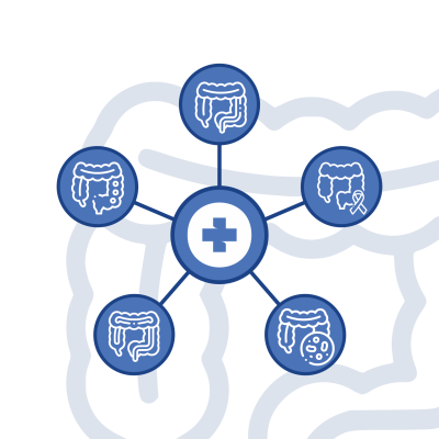 Ícones azuis do intestino em diagrama circular com cruz médica
