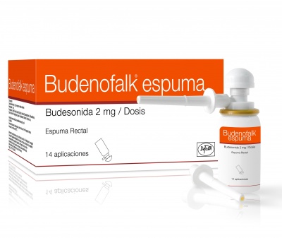 Frasco com aplicador e caixa de medicamento Budenofalk espuma, Budesonida 2 mg para uso rectal.