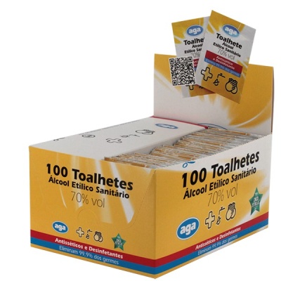 Caixa amarela aberta com 100 toalhetes de álcool etílico sanitário