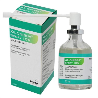 Frasco e caixa do spray XILONIBSA 10% com lidocaína base
