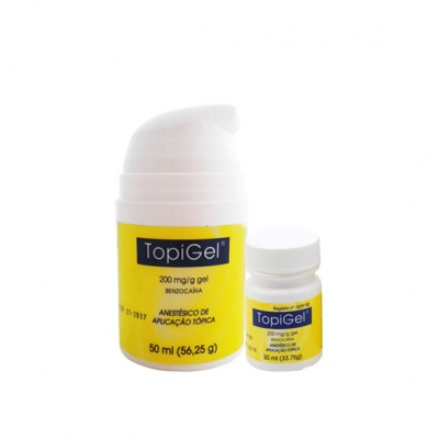 Frascos de gel anestésico TopiGel com rótulos amarelos e azuis sobre fundo branco