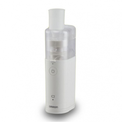 Nebulizador portátil branco da Omron com botão de ligar e partes transparentes