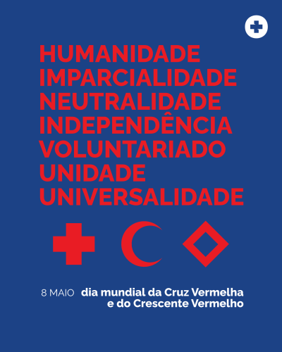 Fundo azul com texto vermelho e símbolos da Cruz Vermelha, Crescente Vermelho e diamante vermelho, texto branco informando o dia mundial da Cruz Vermelha e do Crescente Vermelho