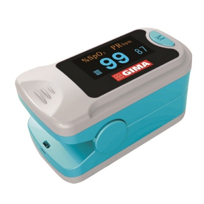 Oxímetro de dedo digital azul e branco com visor LCD e botão azul