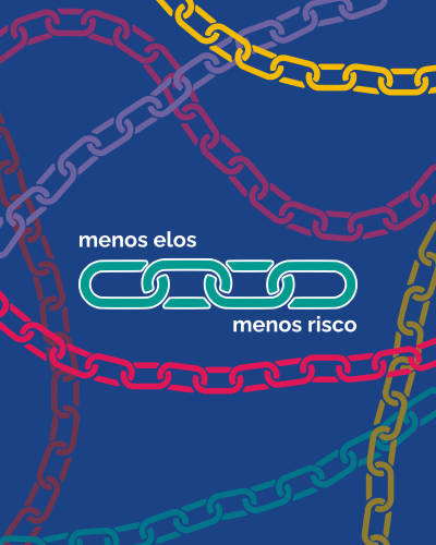 Fundo azul com desenhos de várias correntes coloridas e texto branco menos elos menos risco