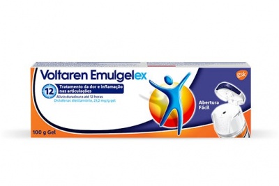 Embalagem do gel Voltaren Emulgelex com texto e figura colorida, fundo branco e elementos em azul e laranja