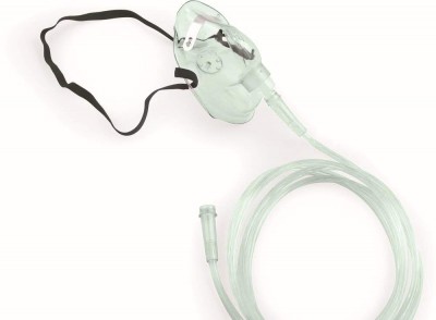 Máscara de oxigénio transparente com tubo e correia preta