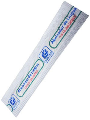 Pacote branco de abaixador de língua com texto e logótipo azul.