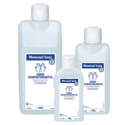 Frascos de desinfetante para mãos Manusept basic em três tamanhos diferentes.