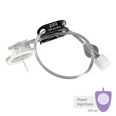 Injectores Power Injections 22G 325 psi MAX em tubo de plástico transparente com conector branco