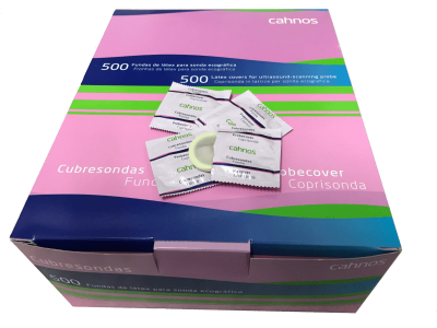 Caixa colorida de cubresondas para sonda ecográfica com embalagens individuais.