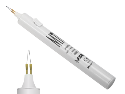 Caneta branca com ponta metálica fina dourada e texto preto