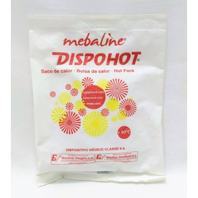 Pacote branco DISPOHOT com texto vermelho e amarelo e padrão circular colorido