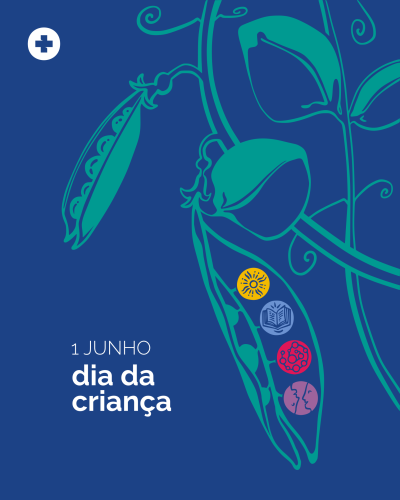 Ilustração de vagens de ervilha verdes com texto 1 JUNHO dia da criança em fundo azul escuro