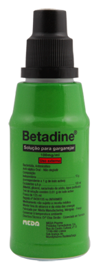Frasco verde Betadine solução para gargarejar com tampa preta
