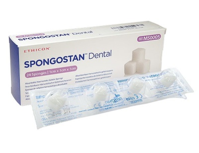 Embalagem de esponjas dentais SPONGOSTAN Dental e blister com esponjas brancas