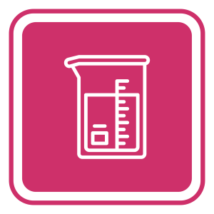 Ícone branco de béquer de laboratório sobre fundo cor-de-rosa