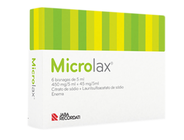 Embalagem do produto Microlax com design verde e branco, contendo 6 bisnagas de 5 ml, texto e logotipo Janssen Recordati.