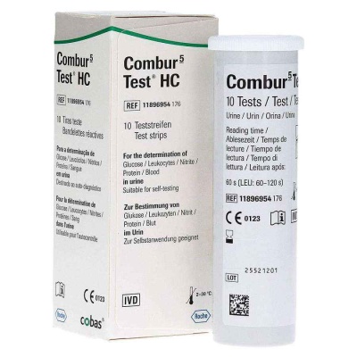 Embalagem e frasco branco de tiras de teste Combur 5 Test HC para urina