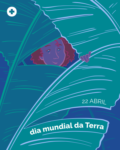 Pessoa a espreitar por entre folhas grandes verdes com texto sobre o dia mundial da Terra