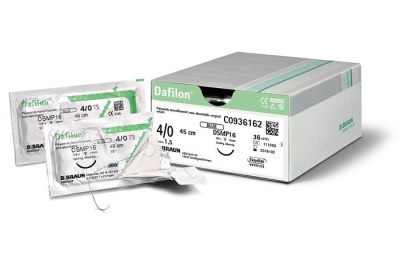 Embalagem e pacotes de suturas Dafilon 4/0 45 cm em fundo branco