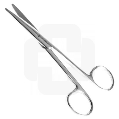 Tesoura cirúrgica metálica com lâminas retas e pontas arredondadas