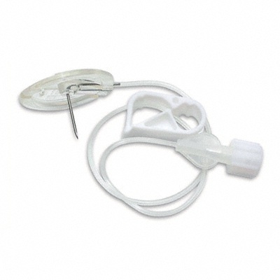 Peça de fixação com alfinete metálico, base redonda em plástico translúcido e tubo branco flexível com conector