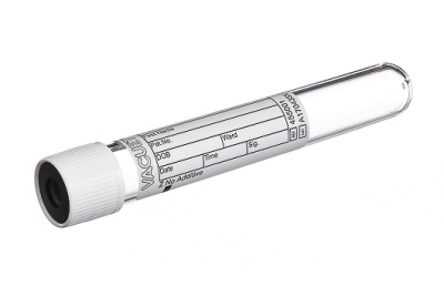 Frasco de amostra biológica com etiqueta e tampão branco